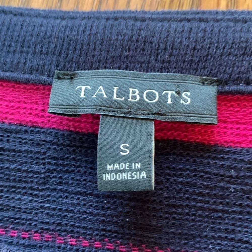Talbots sz S navy blue and magenta cotton boatneck striped 3/4 sleeve top - Picture 6 of 7